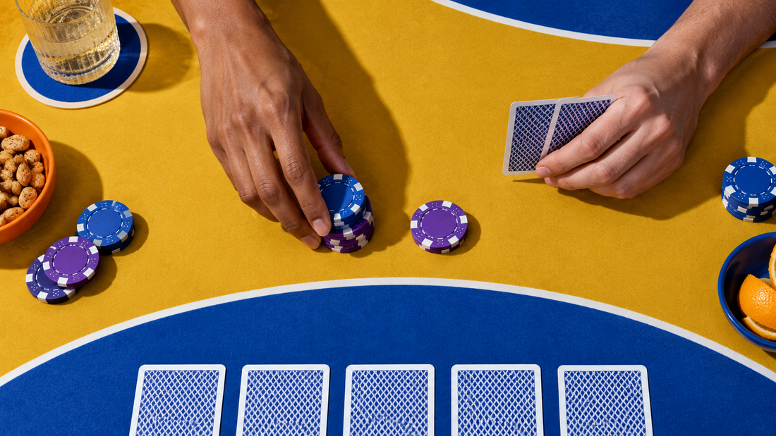 A player moves chips while the player to their right still holds cards