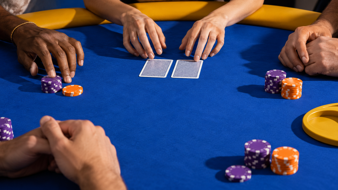 Several players waiting while one player hesitates over face-down cards