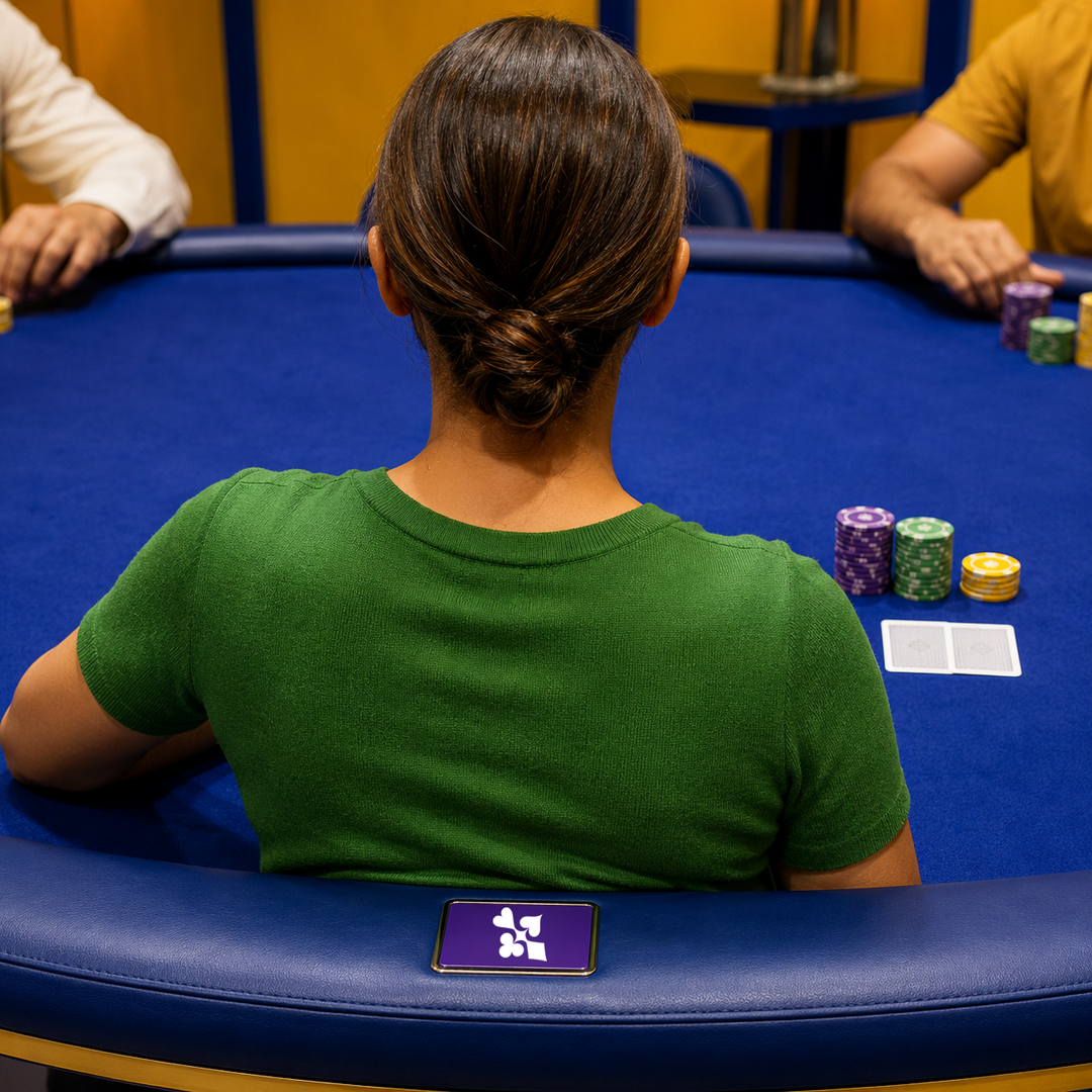 Player seated at a blue poker table with opponents opposite