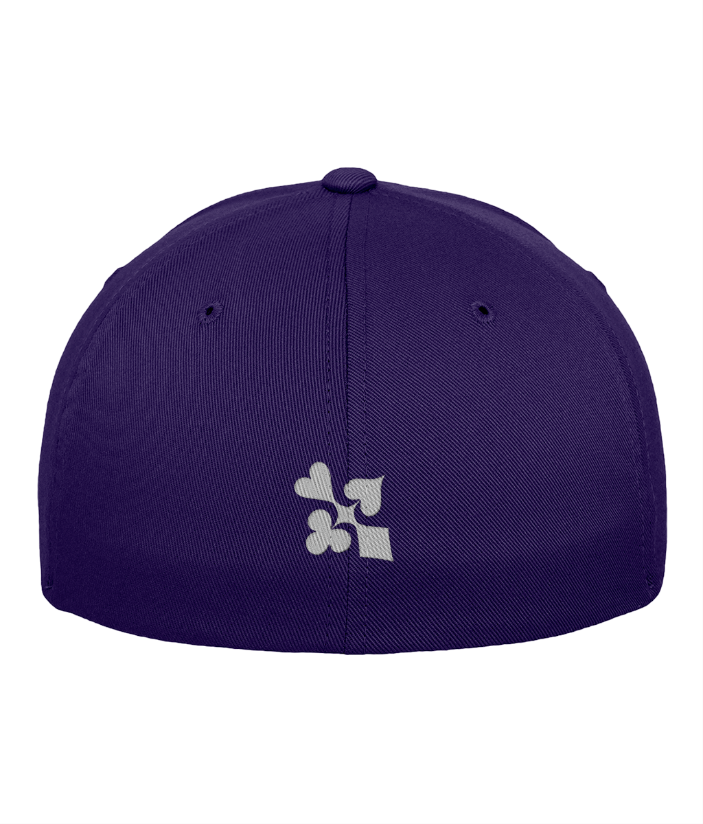 WHITE HOT DEALER fitted cap in purple – back embroidery